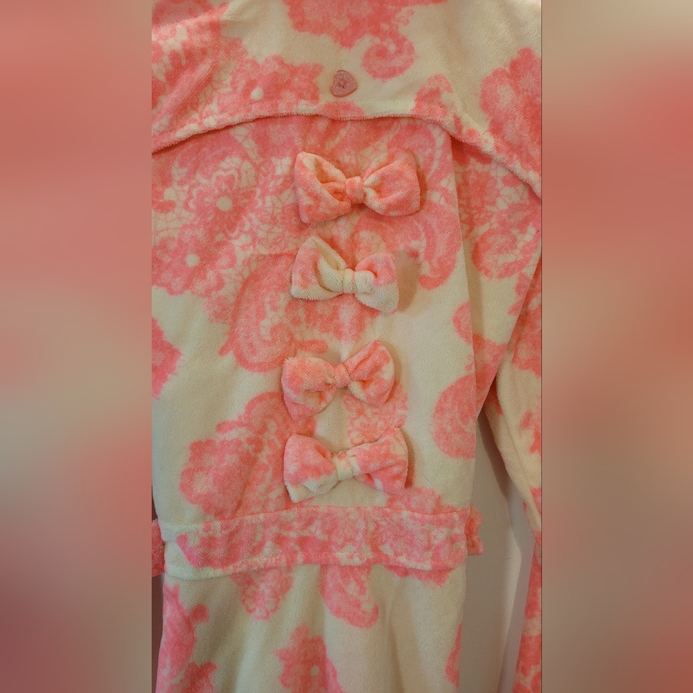 Betsey Johnson Robe Ribbon Bows Neon Pink Cream Floral Robe - Size M - Picture 5 of 9